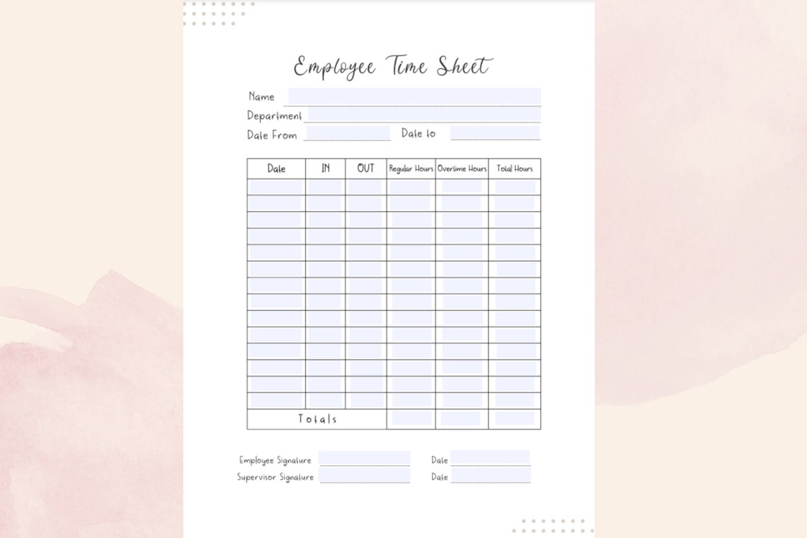 Time Sheet Form Employee Form PDF File Digital Product Instant - Etsy