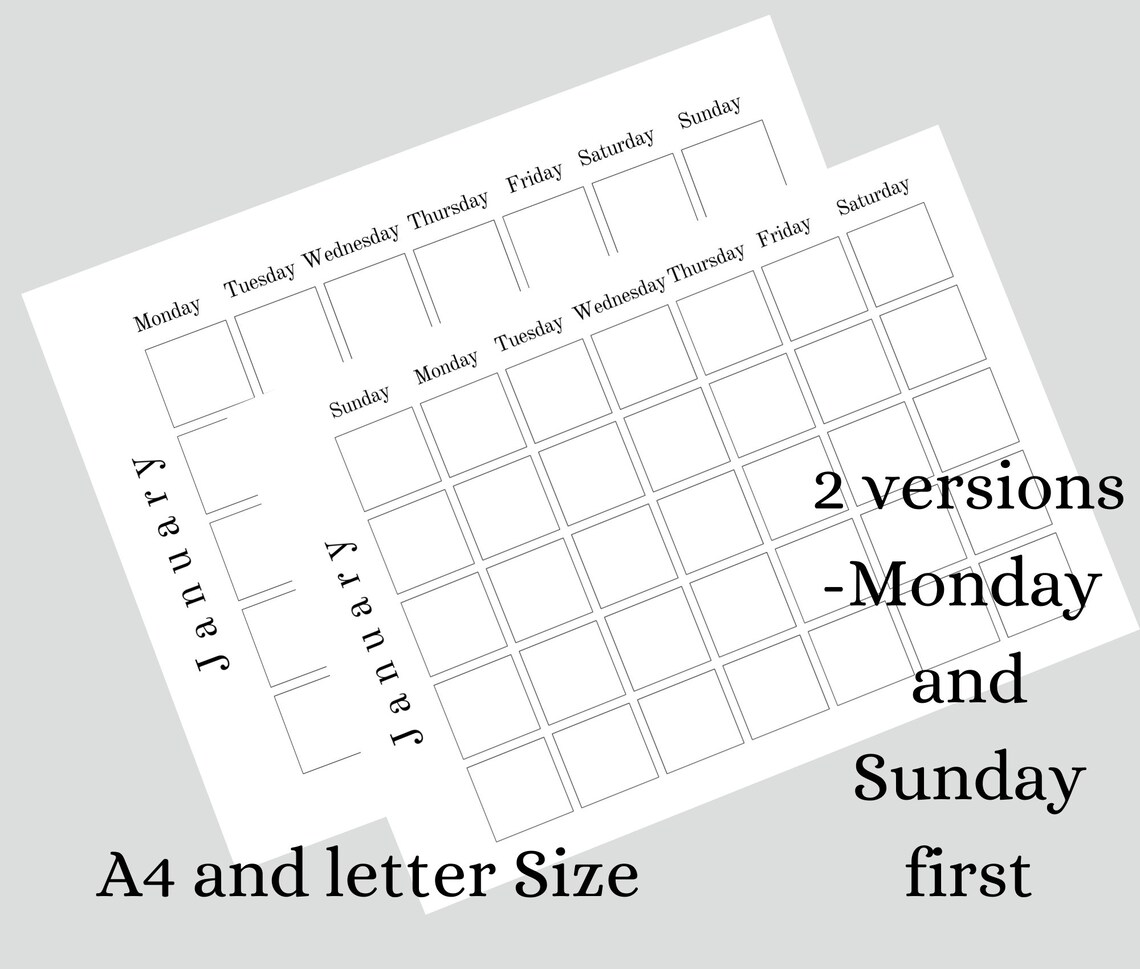 Printable Blank Calendar Size A4 and Letter PDF January to | Etsy