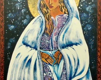 May include: A painting of a woman in a white robe with a gold halo. She is holding a rosary in her hands. The background is a dark blue with stars.
