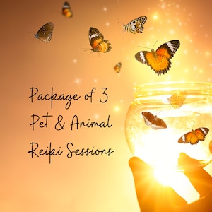 May include: A package of 3 pet and animal Reiki sessions. The image shows a hand holding a glass jar with butterflies flying out of it. The background is a warm orange sunset.