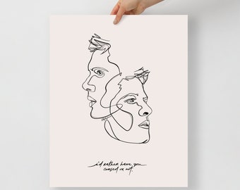 May include: A minimalist art print featuring a continuous line drawing of two faces in profile. The artwork is in black against a light pink background, with the text "I'd rather have you cursed or not."