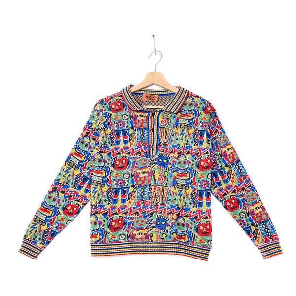 Années 80-90 MISSONI incroyable imprimé robot coloré pull 3 boutons, pull anorak vintage unisexe de première ligne de qualité supérieure, taille d'impression bloc couleur M