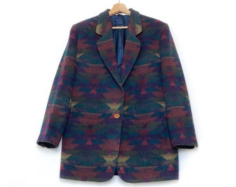 Y2K AZTEC WOOL MULTICOLOR vintage blazer, made in usa unisex suit jacket wool long coat, minimal oversize 1990s coat made in usa