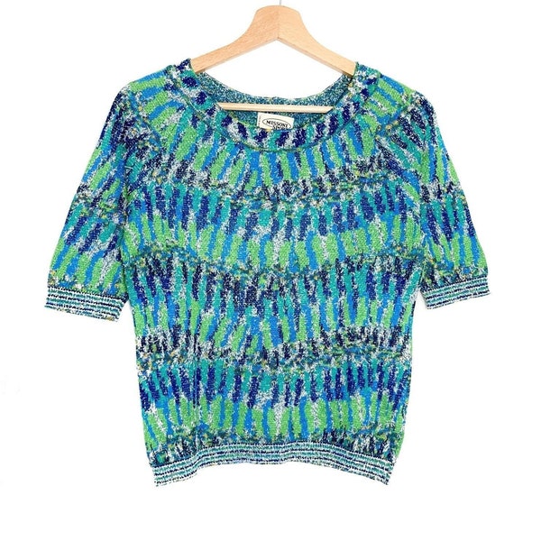 90er MISSONI Strick-Crop-Top, mehrfarbiger Baumwollpullover mit geometrischem Print, kurze Ärmel, tolle Vintage-Strickmode