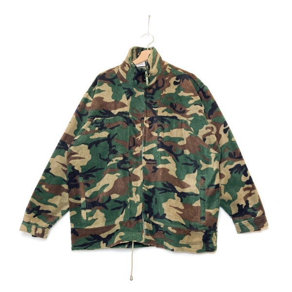 BLUE CITY CAMO vintage fleece 1990s front zipper, camouflage army stand collar jumper, warm fleece sweatshirt with pockets.