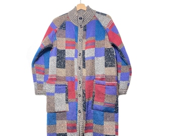80s Missoni Vintage Knitted long overcoat. high quality multicolor wool reversible coat, buttoned on the front
