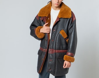 REAL SHEARLING coat black camel real sheepskin leather jacket, unisex oversize unique elegant fur coat