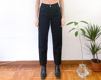 1990s VINTAGE BLACK JEANS, high waist relaxed fit black vintage denim trousers, elastic waist