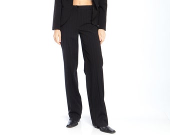 NEW - VINTAGE BLACK classic pinstripe trousers, Pure wool, high waist relaxed leg flared-trousers, new old stock with tag