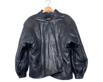 80s patchwork leather bomber, oversize boxy fit raw-cut edges at hem