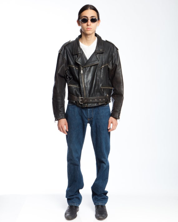 BIKER BLACK LEATHER jacket, 1980s original leather