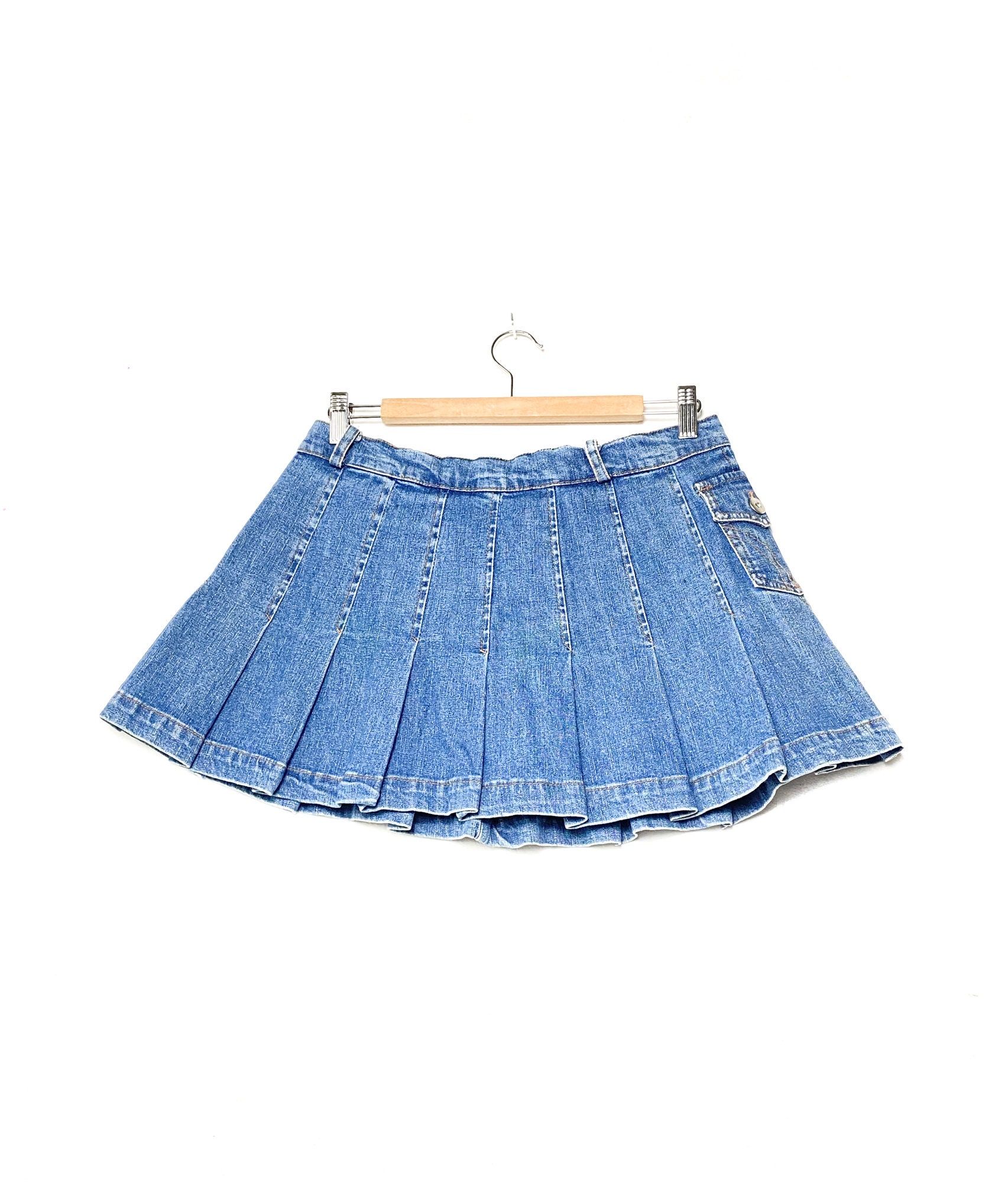 2000s Denim Pleated Skirt Vintage Blue Jeans Mini Skirt With Low Waist Pleated Bottom Multi Pockets Etsy UK