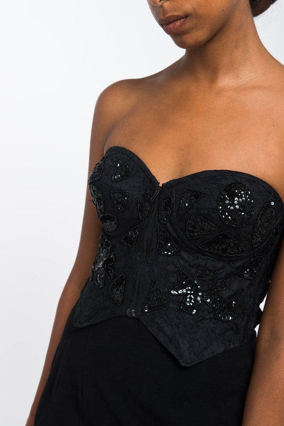 SEQUINED & beads Vintage Black Lace Bustier Top -… - image 6