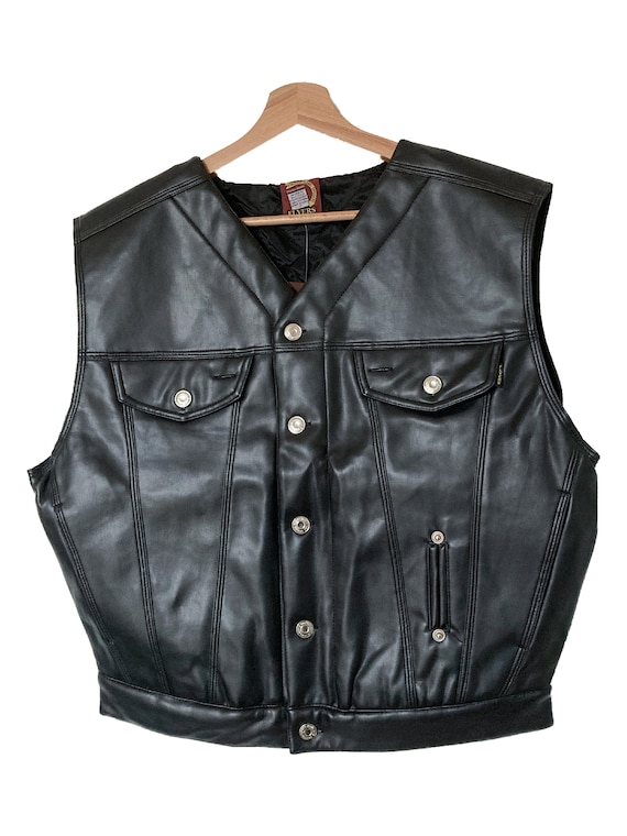BIKER BLACK faux LEATHER vest, 1980s original sim… - image 1