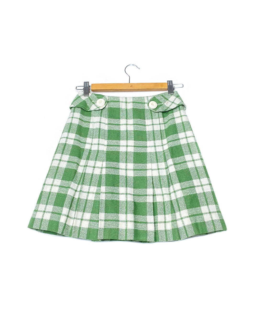 Vintage 60s Red/Green/Black Wool Tartan Plaid Mini Skirt +Pockets M