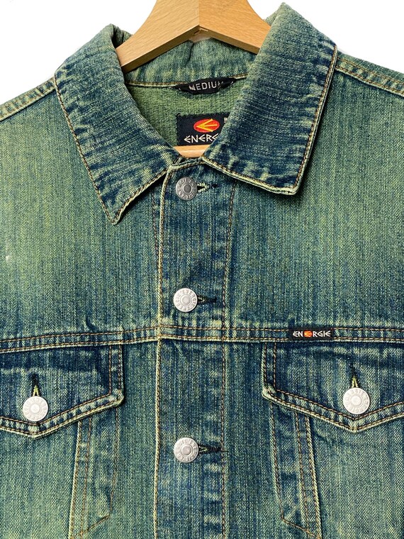 2000s ENERGIE Faded Denim Jacket, Green Distressed Jeans 2000s ENERGIE Faded Denim Jacket, Green Distressed Jeans