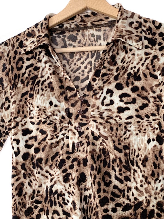 Y2K Crop Top Mesh Sheer Print, 90s leopard collar… - image 2