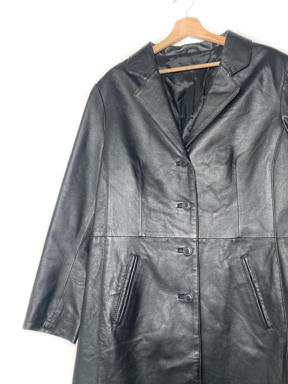 Y2K BLACK LEATHER VINTAGE single-breasted coat, u… - image 2