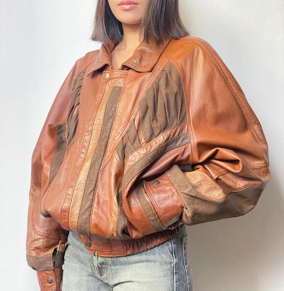 80s patchwork leather bomber jacket, oversize cro… - image 3
