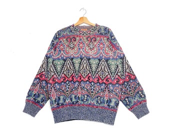 MISSONI Wool Knitted crew neck sweater, colorful geometric pullover, vintage multicolor all over geometric print jumper.
