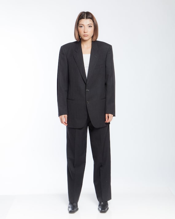 Y2K DARK GREY WOOL vintage Two Piece Pant Suit , u