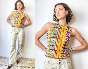 y2k Sonia Fortuna mesh crop top, vintage Multicolor aztec sleeveless top.