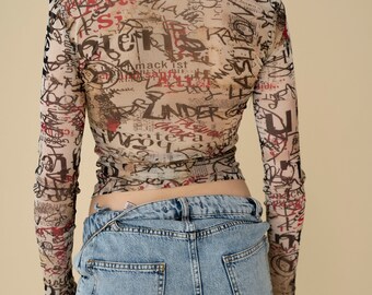 Y2k Iconic Newspaper Mesh Crop Top, Graphic Vintage Multi