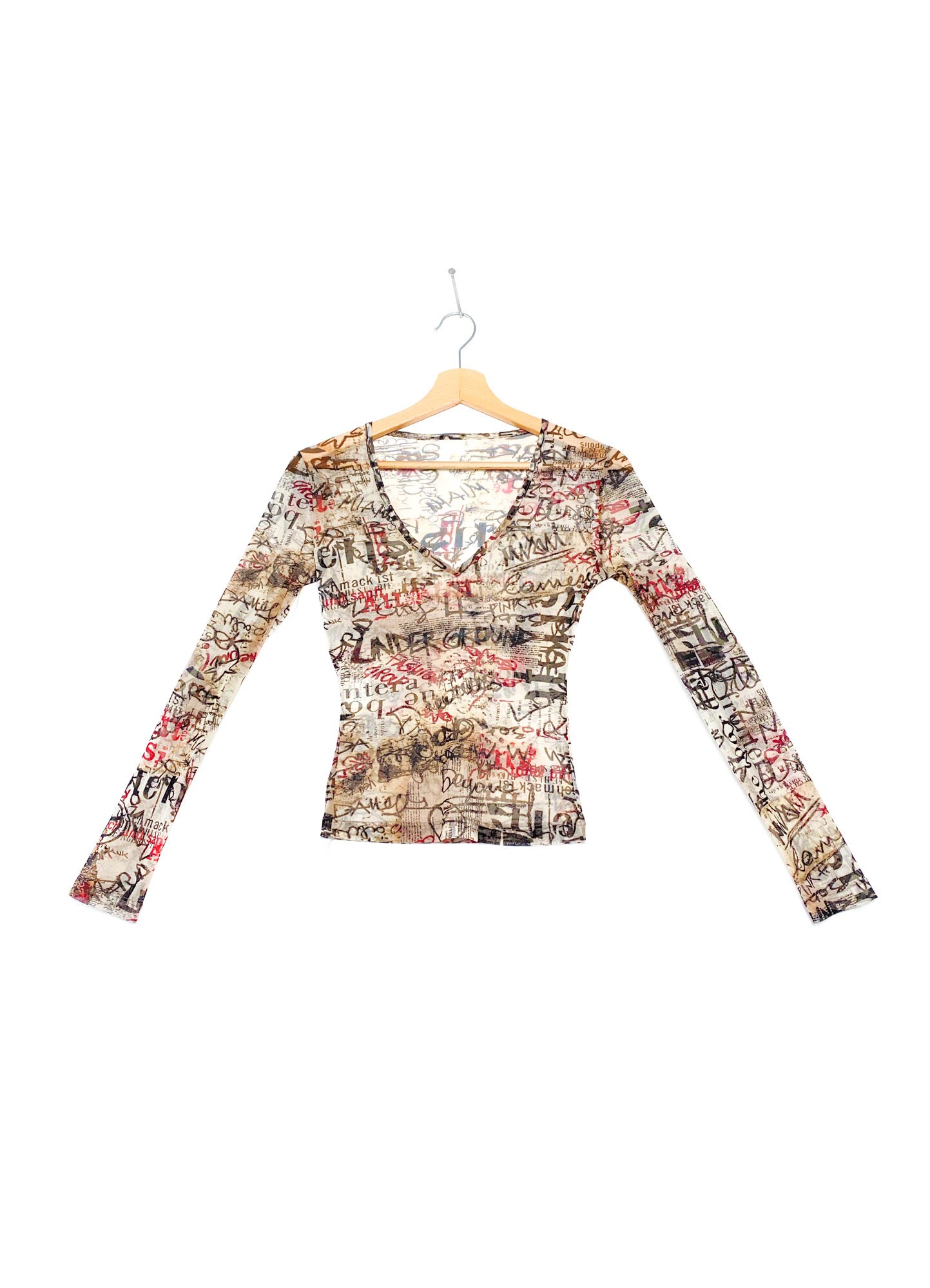 Y2k Iconic Newspaper Mesh Crop Top, Graphic Vintage Multi
