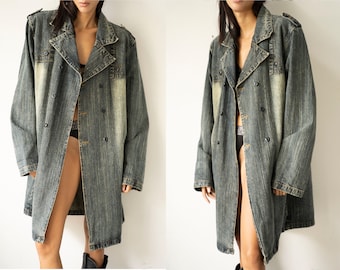 2000s distressed denim trench coat, vintage double-breasted long jeans jacket