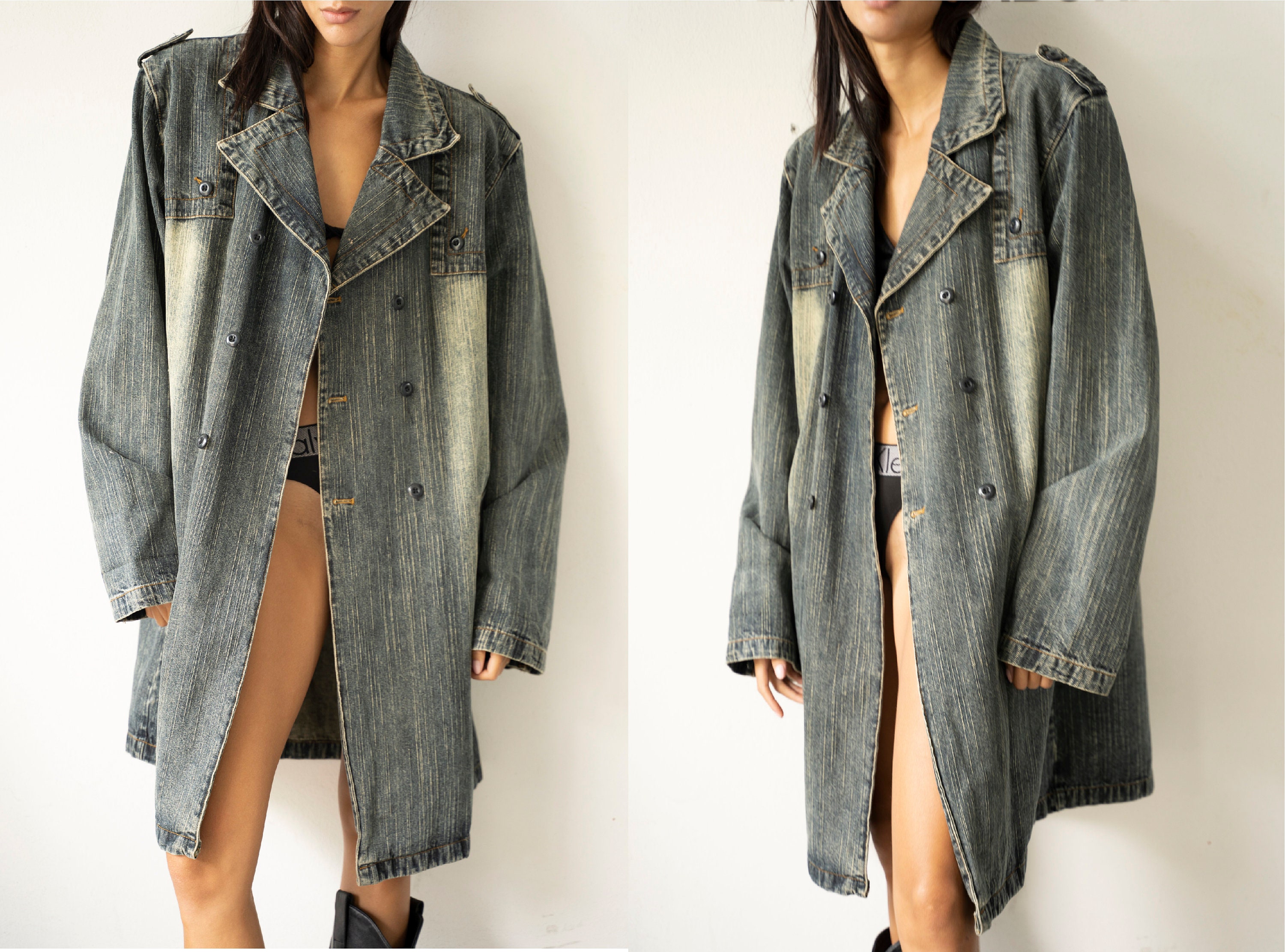 Denim Jacket Men Trench, Denim Trench Coat Men Long