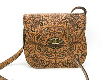 UNIQUE NOS 50s press printed leather bag honey brown shoulder bag