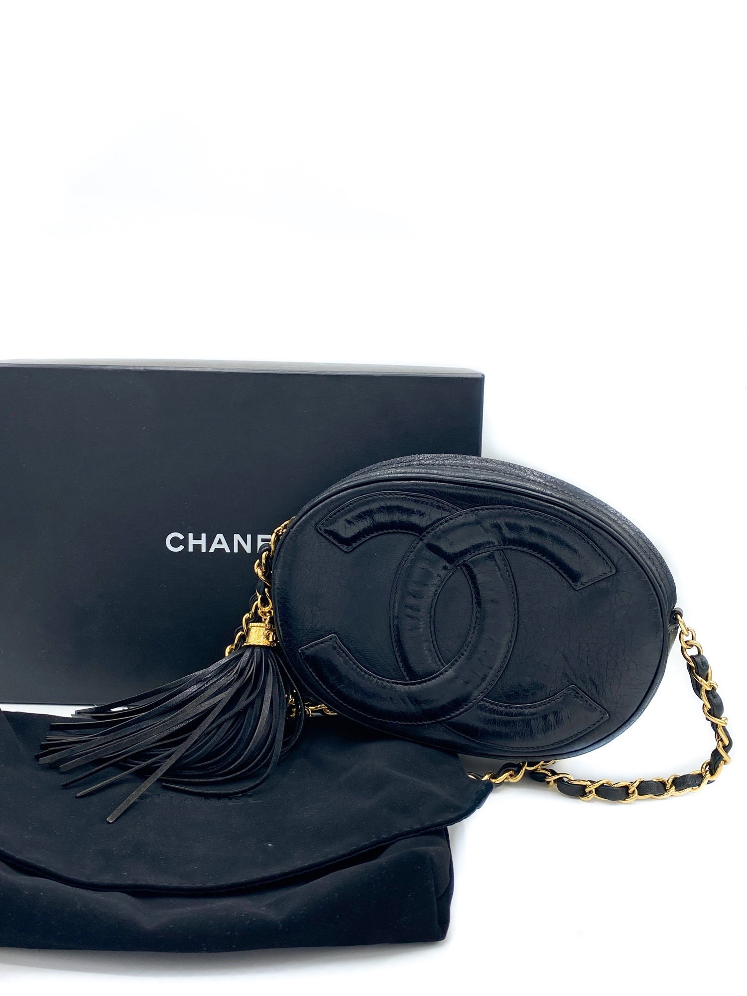 1980s Chanel Vintage Mini Oval Bag Navy Mini Front Cc's 