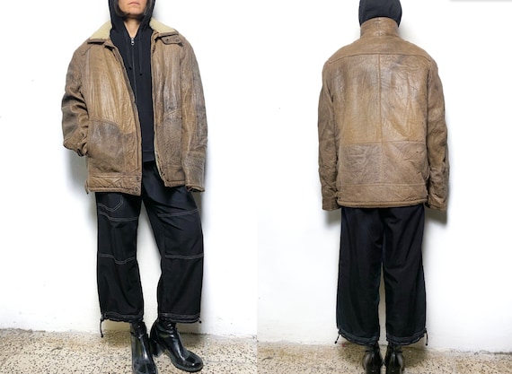 80s-90s distressed shearling coat, unisex with st… - image 1