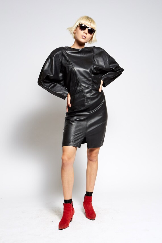 REAL LEATHER Vintage batwing rocker DRESS, 1980s o