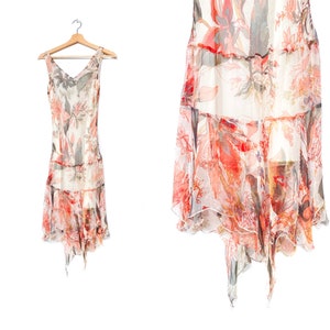 y2k Giorgio Kauten floral print silk dress, asymmetric pleated layer chiffon bottom, Semi-sher organza midi dress
