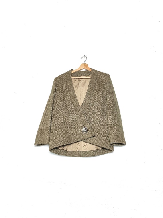 1970s-80s Wrap herringbone wool blazer, green melange… - Gem