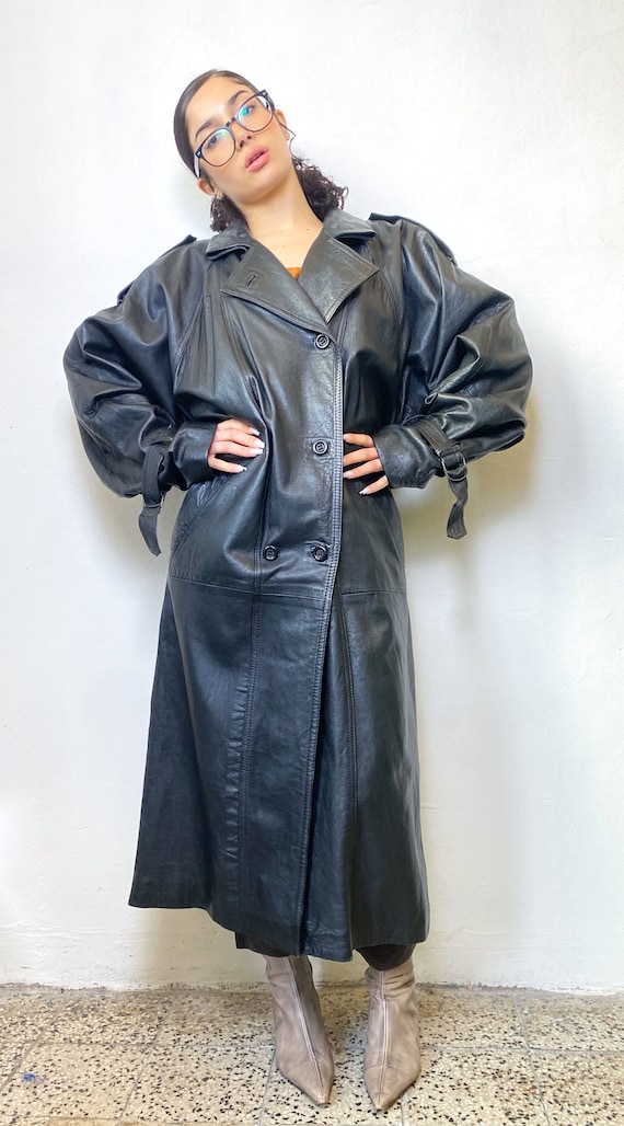 Vintage Black Leather Trench, Unisex Double Breast Sovietic Leather Coat, Minimal 80s-90s Floor Length Coat. - Etsy Vintage Black Leather Trench, Unisex Double Breast Sovietic Leather Coat, Minimal 80s-90s Floor Length Coat. - Etsy