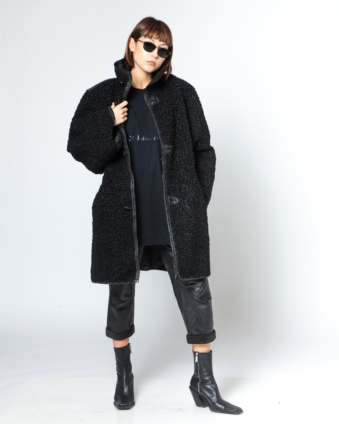 Genuine Astrakhan Lambskin Coat, Black Reversible Real Leather Jacket