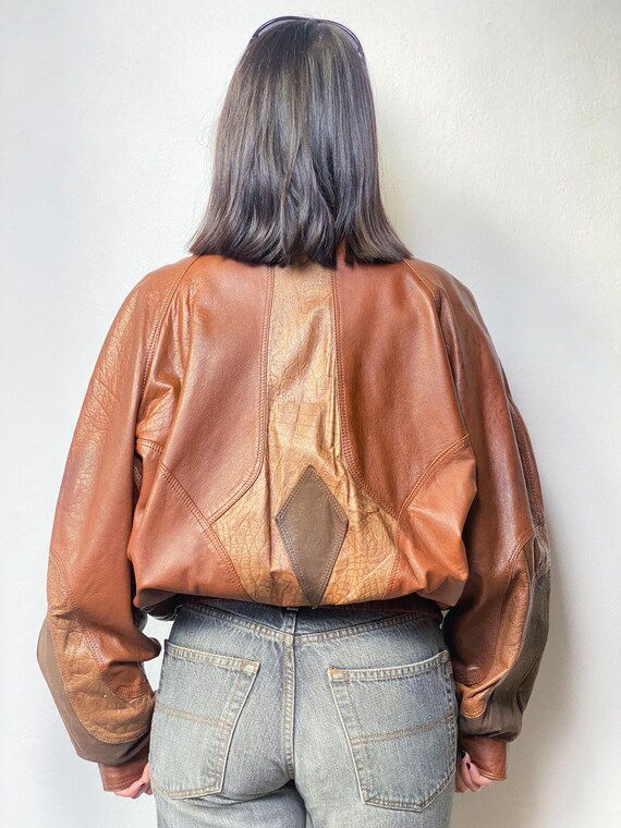 80s patchwork leather bomber jacket, oversize cro… - image 4