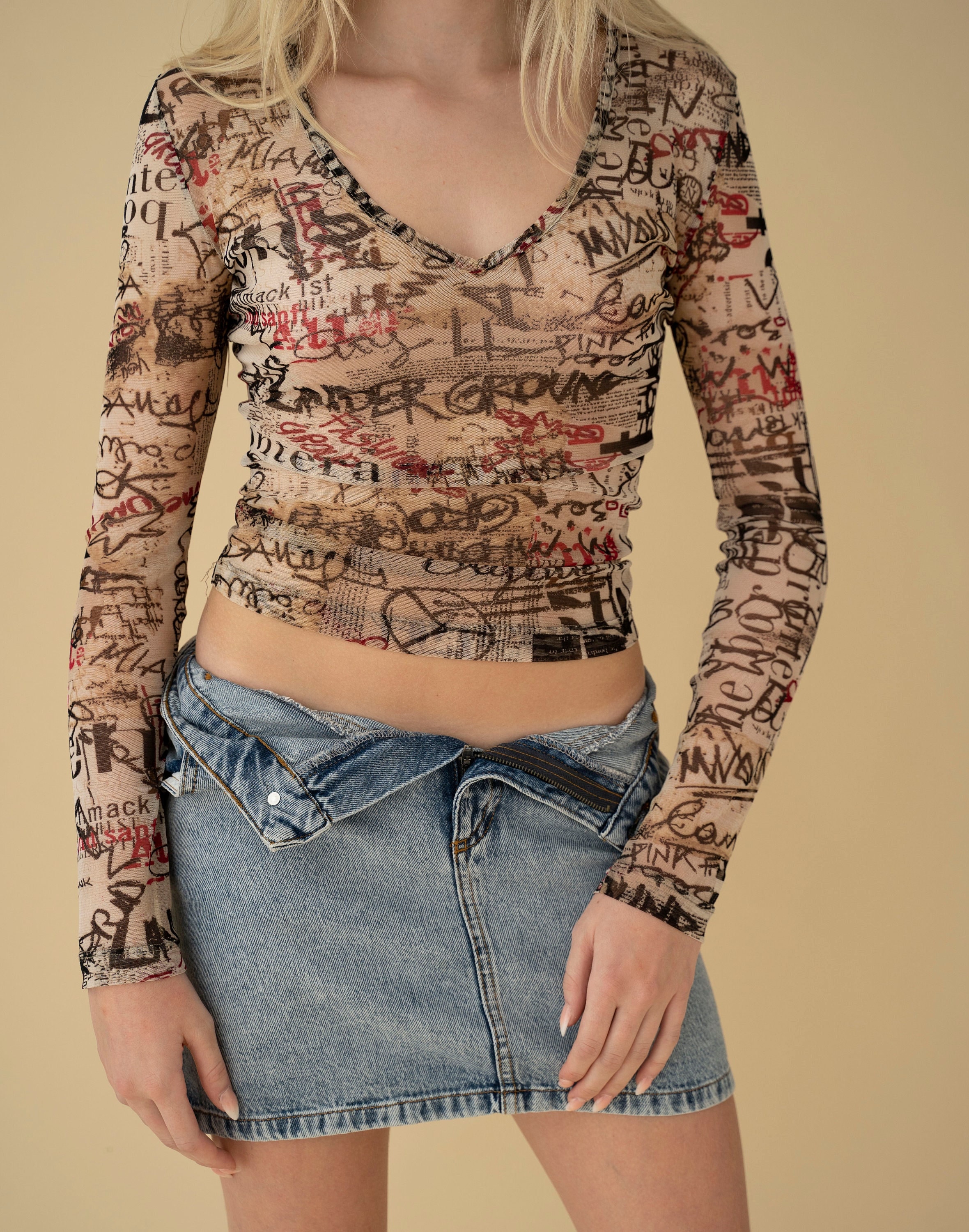 Y2k Iconic Newspaper Mesh Crop Top, Graphic Vintage Multi