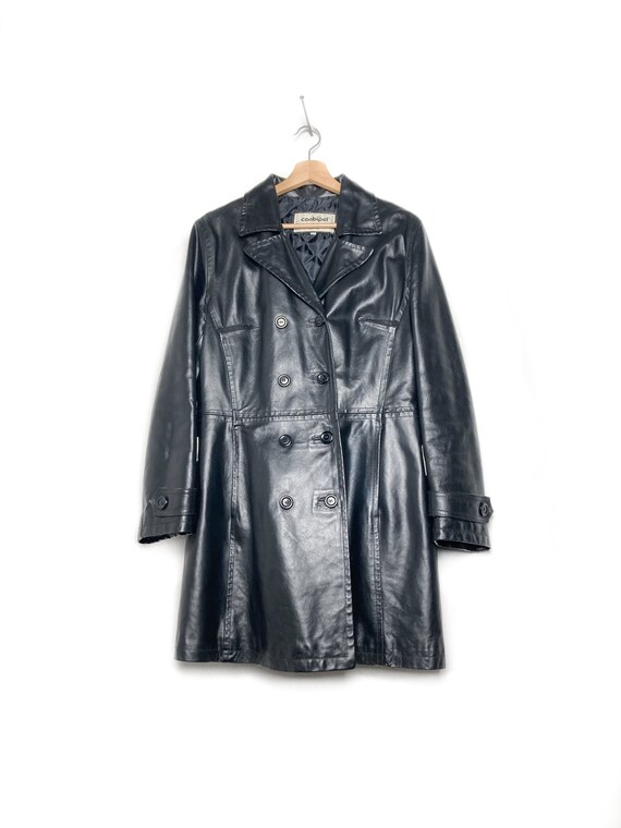 Y2K BLACK LEATHER VINTAGE Double-breasted Trench, Unisex Black 
