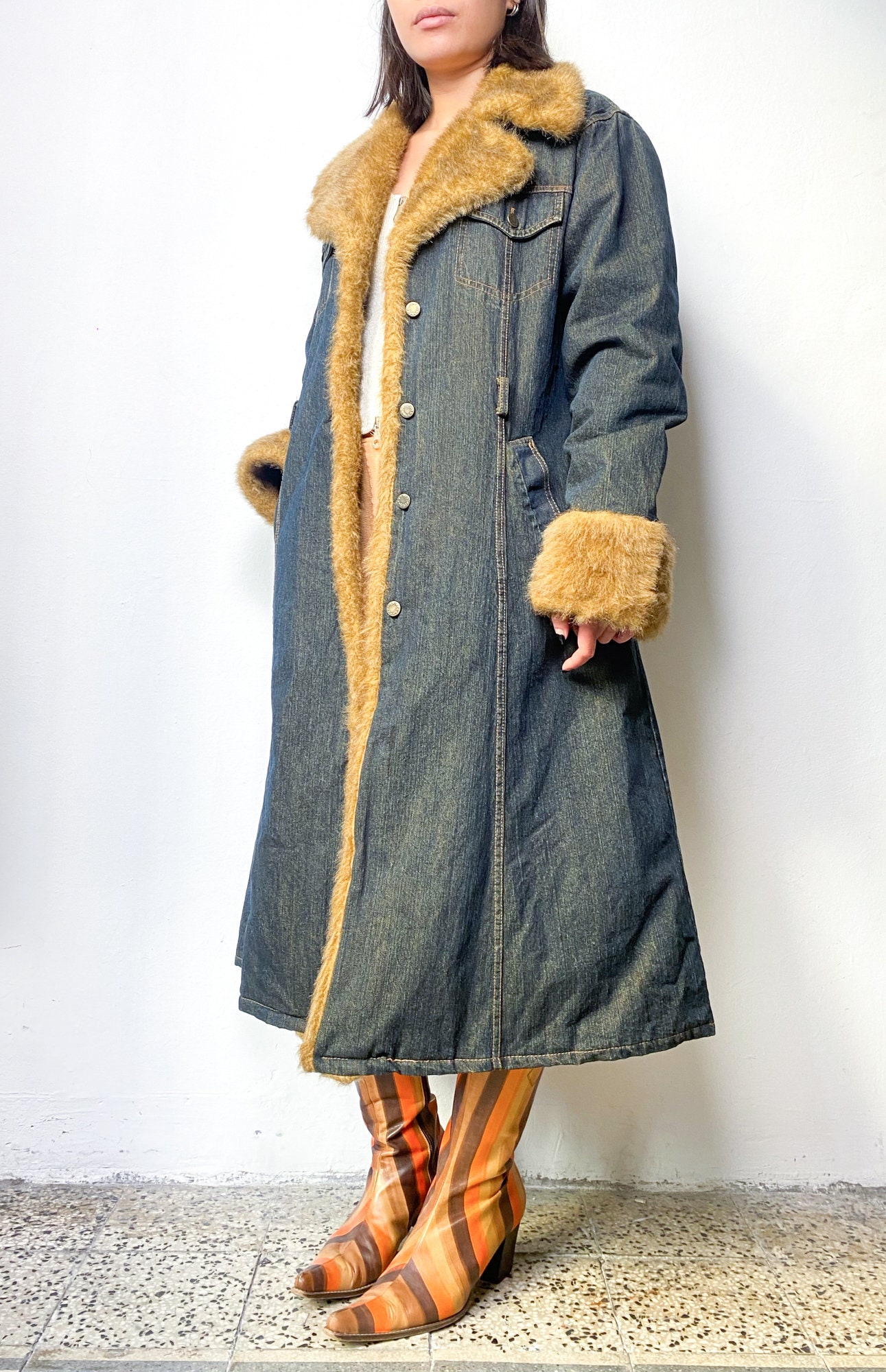 2000s Denim Trench Coat, Vintage Padded Long Jeans Jacket