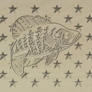 Puede incluir: Un dibujo en blanco y negro de un pez sobre un fondo beige con un patrón de estrellas.