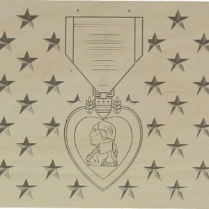 May include: A wooden plaque featuring a heart-shaped medal with a profile of a person. The medal is surrounded by a wreath of leaves and stars. The plaque is decorated with a pattern of stars.