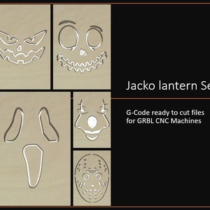 Puede incluir: Un conjunto de ocho plantillas de Jack-o'-lantern para tallar calabazas. Las plantillas están impresas sobre un fondo marrón claro e incluyen varias caras de miedo, incluyendo una calavera, un payaso y una máscara de grito. El texto "Jacko lantern Set" y "G-Code ready to cut files for GRBL CNC Machines" está impreso sobre un fondo negro.