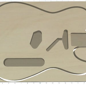 Puede incluir: Un cuerpo de guitarra en blanco de madera clara con recortes para la pastilla, el puente y las perillas de control.