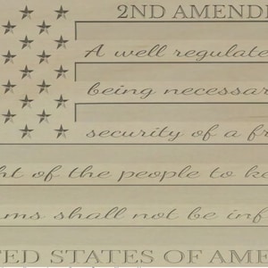 May include: A wooden sign with the text "2ND AMENDMENT" and the full text of the Second Amendment to the United States Constitution. The sign is decorated with a stylized American flag.