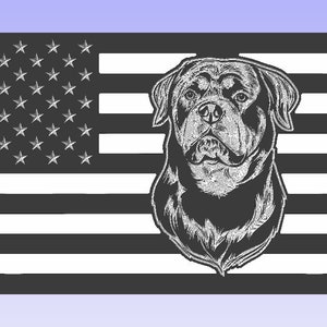 Puede incluir: Una ilustración en blanco y negro de la cabeza de un perro Rottweiler sobre un fondo de bandera estadounidense en blanco y negro.
