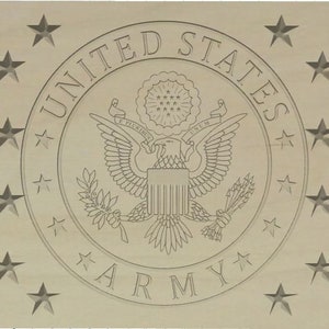 May include: A wooden plaque featuring the seal of the United States Army. The seal depicts an eagle with spread wings, a shield, and olive branches. The words "United States Army" are inscribed around the seal.