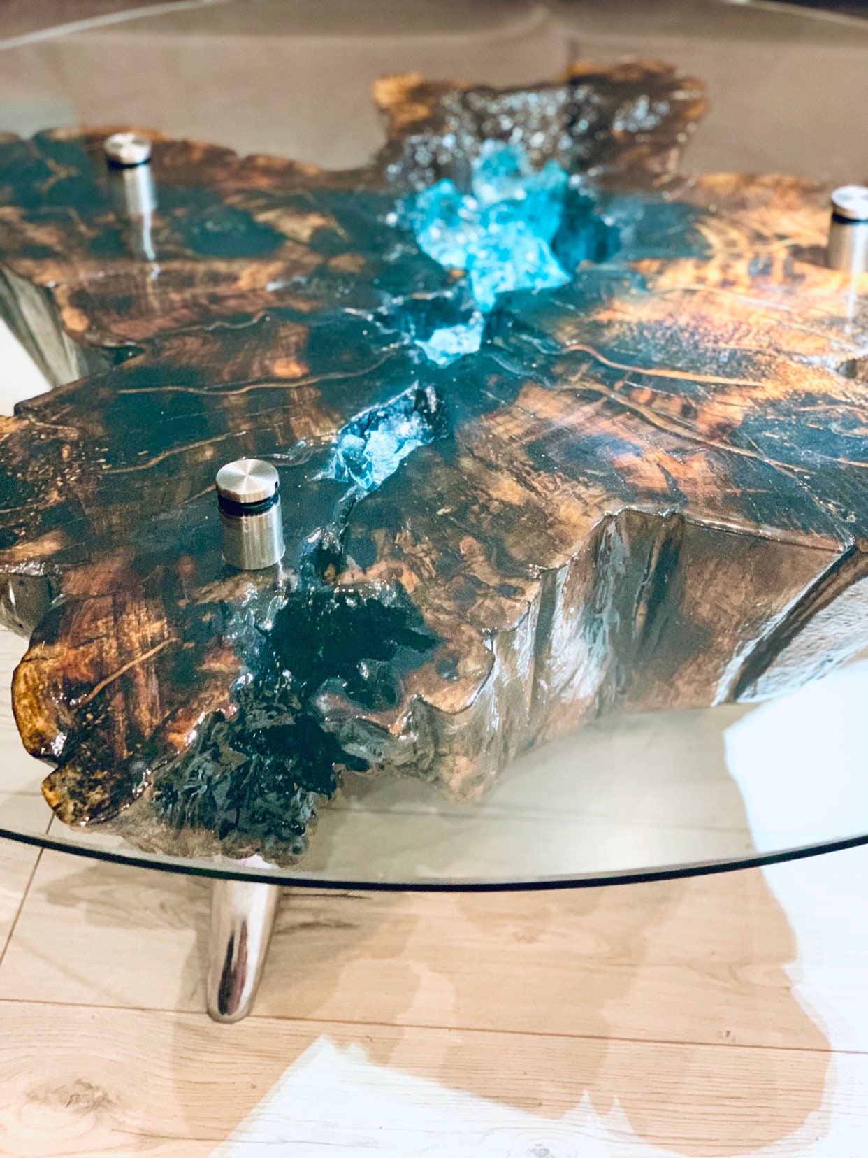 Custom Made Coffee Table Solid Wood Resin and Glass With LED